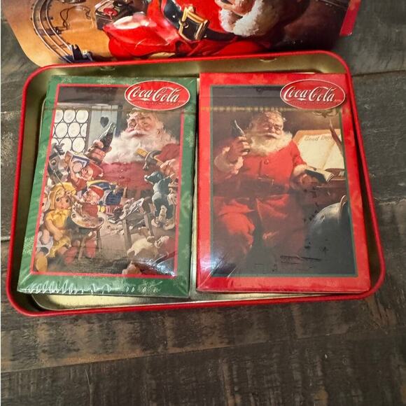Coca Cola Coke Santa Playing Cards Christmas Collectible Tin Two Decks Bicycle - Picture 2 of 4